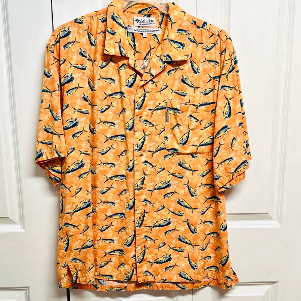 Columbia Orange Marlin Print Short Sleeve Camp Shirt Size L
